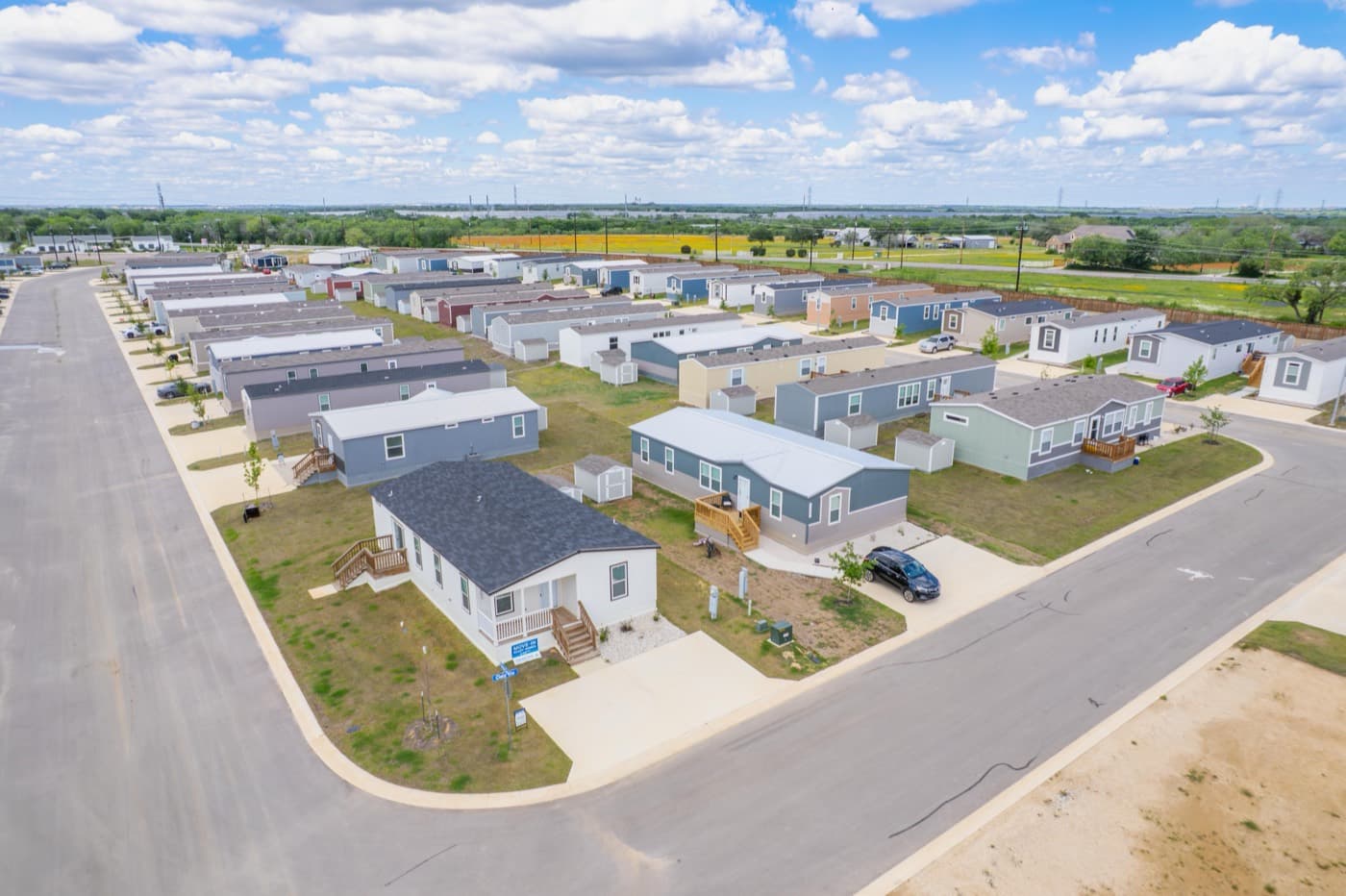 Aerial view of a street of homes in a planned community